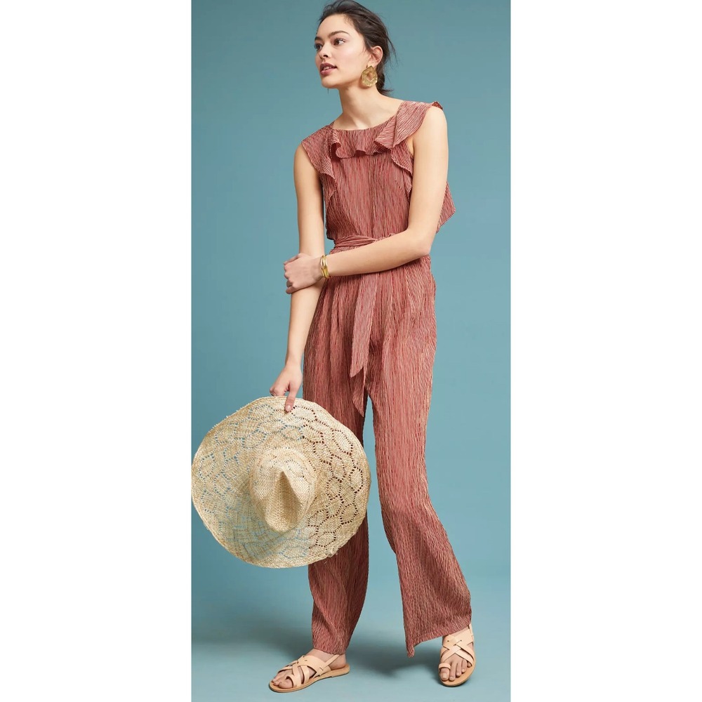 Eva Franco Jumpsuit Women's Large Terracotta Striped Ruffle Sleeveless Tie Belt